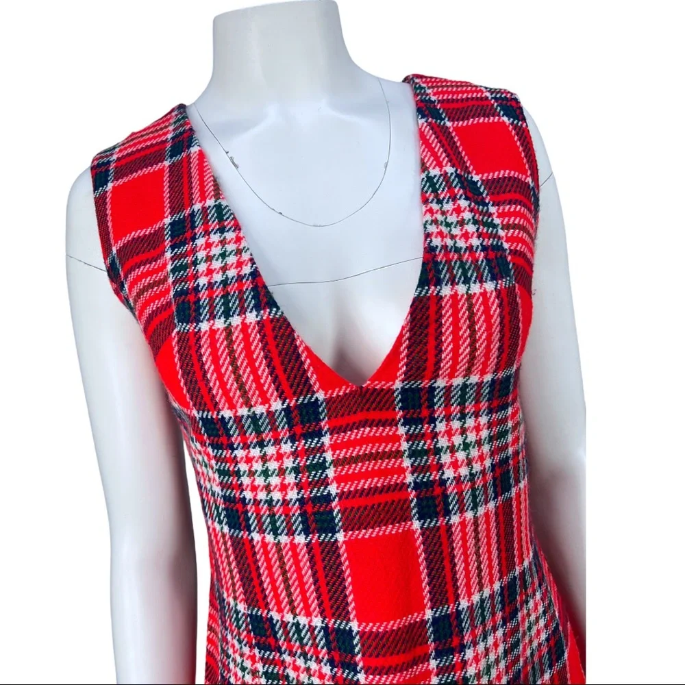 VTG Late 60's/Early 70's Handmade Plaid V Neck Mini Dress - Picture 2 of 10